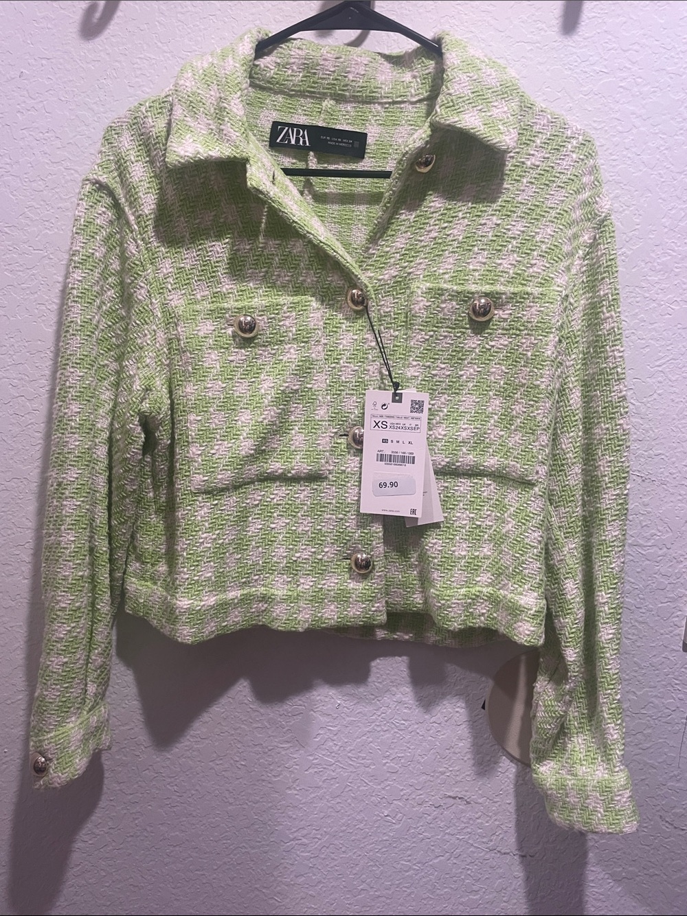 ZARA Lime Green Houndstooth Tweed Cropped Blazer